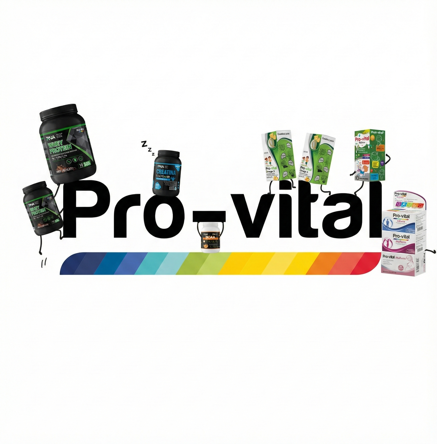Logótipo Pro-vital rodeado por diversos produtos da marca, incluindo Whey Protein, Creatina, BCAA e suplementos infantis, representando uma solução completa de saúde em Angola.