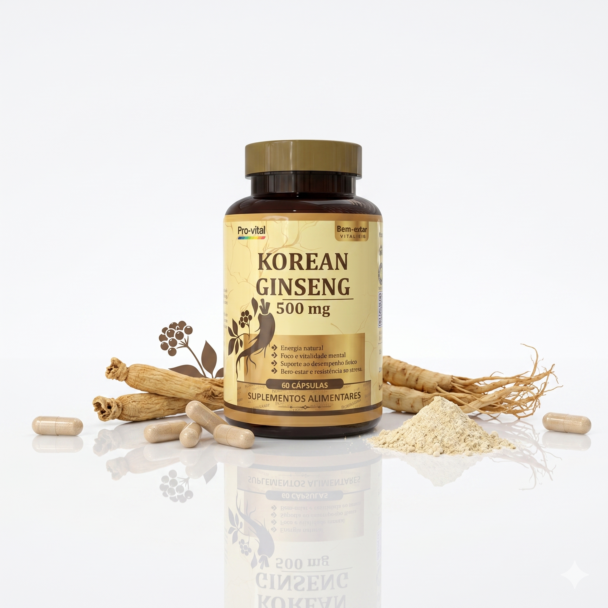 Pote de Ginseng Coreano Pro-vital 500mg com 60 cápsulas, raízes naturais e pó de extrato, suplemento para vitalidade e foco em Angola.