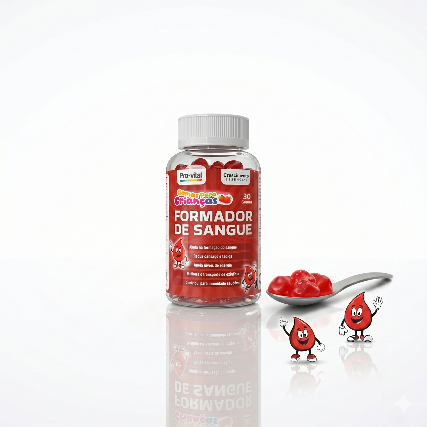 Gomas Pro-Vital Formador de Sangue para crianças, frasco de 30 unidades em fundo branco. Inclui gomas vermelhas numa colher e personagens infantis em forma de gotas de sangue.