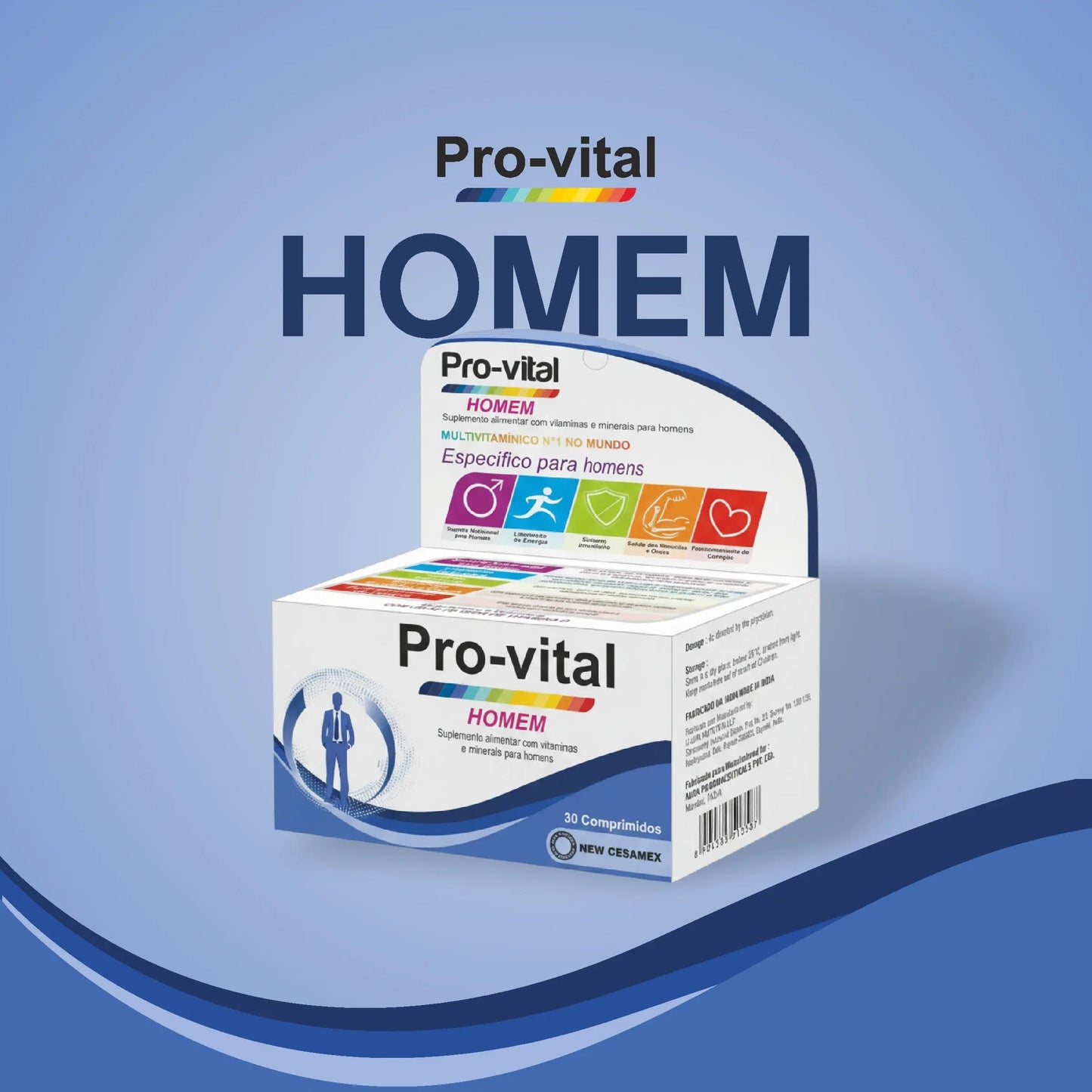 Embalagem de suplemento alimentar Pro-Vital Homem, caixa com 30 comprimidos.