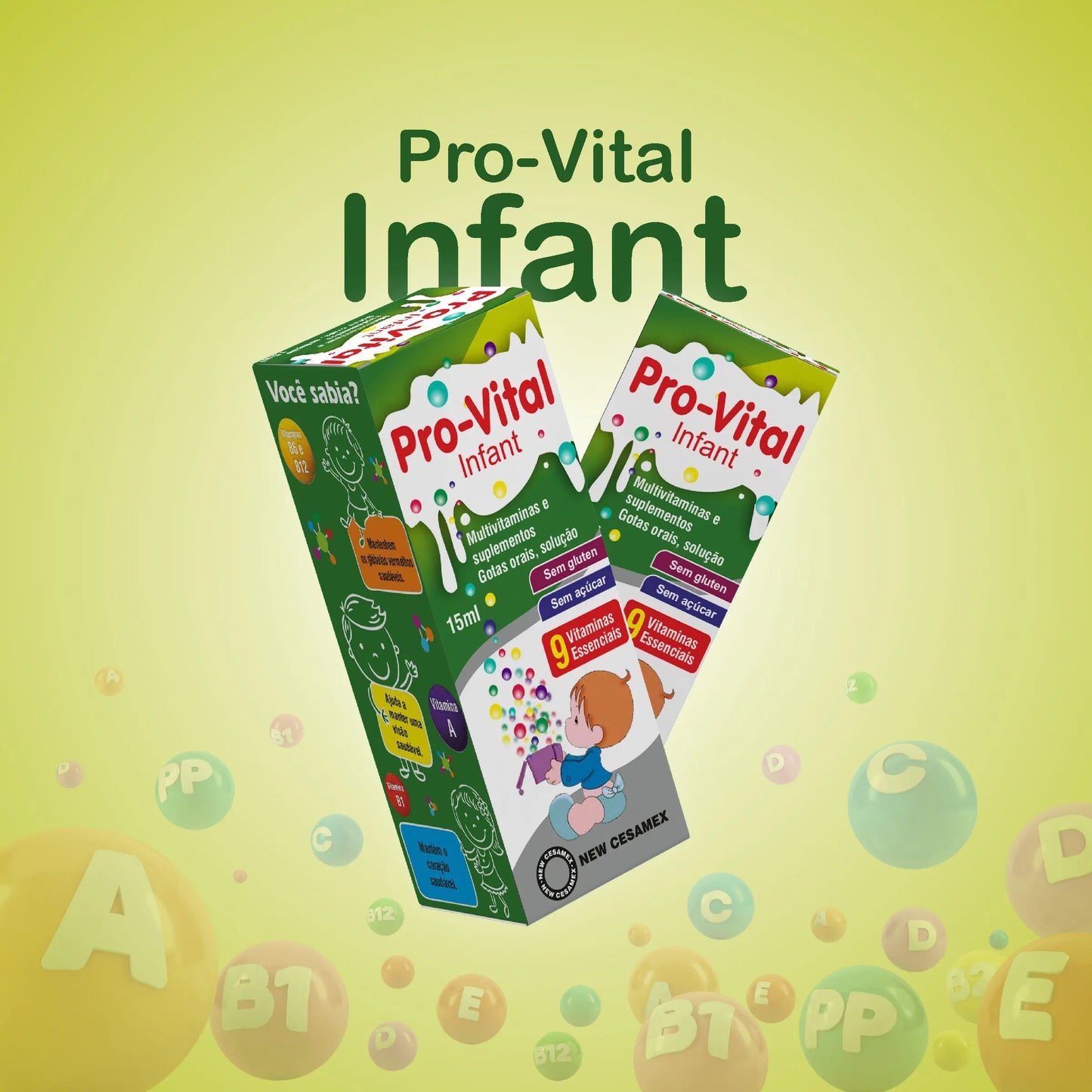 Duas embalagens de Pro-Vital Infant, gotas orais multivitaminas sem açúcar e sem glúten.