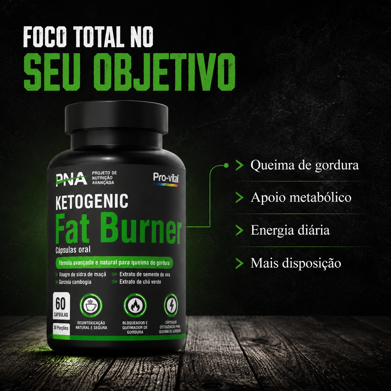 Pro-Vital Ketogenic Fat Burner com benefícios em destaque como queima de gordura, apoio metabólico e energia diária