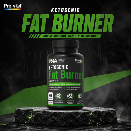 Pro-Vital Ketogenic Fat Burner cápsulas em destaque com fundo escuro e design promocional para queima de gordura