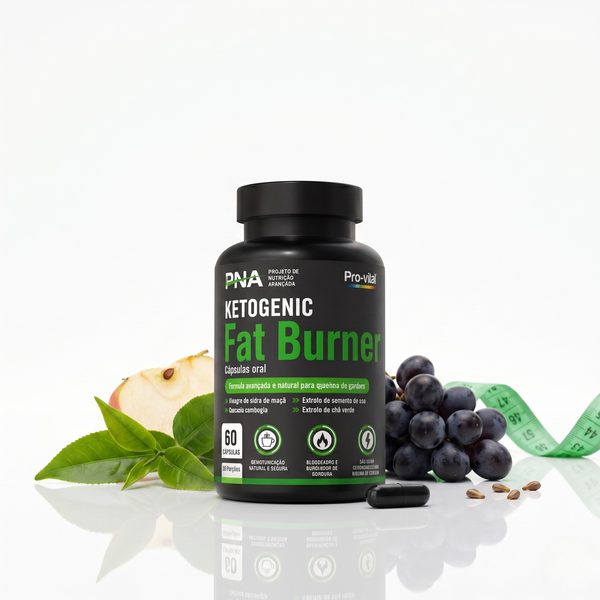 Frasco de cápsulas Pro-Vital Ketogenic Fat Burner para queima de gordura, rodeado por ingredientes naturais como maçã, uvas pretas, folhas de chá verde e uma fita métrica, sobre fundo branco com reflexo