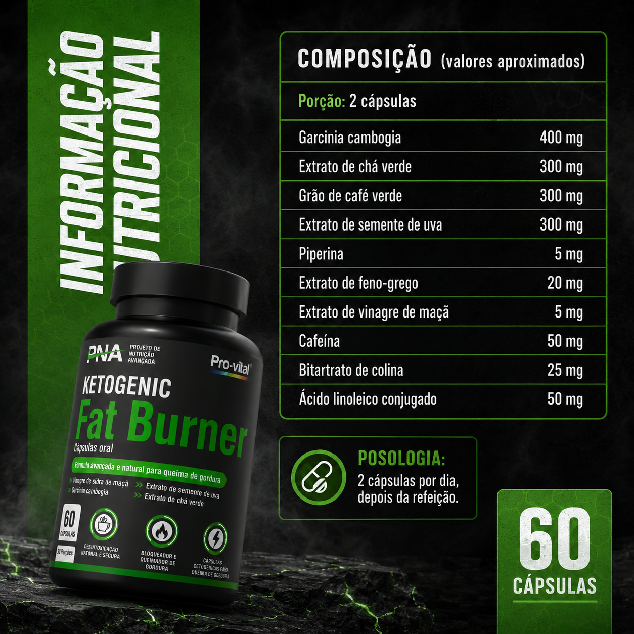Imagem informativa do Pro-Vital Ketogenic Fat Burner com composição, posologia e detalhe de 60 cápsulas