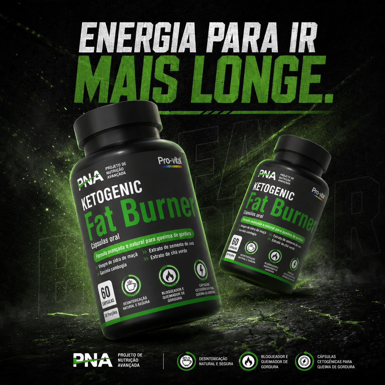Imagem promocional do Pro-Vital Ketogenic Fat Burner com destaque para energia, performance e queima de gordura