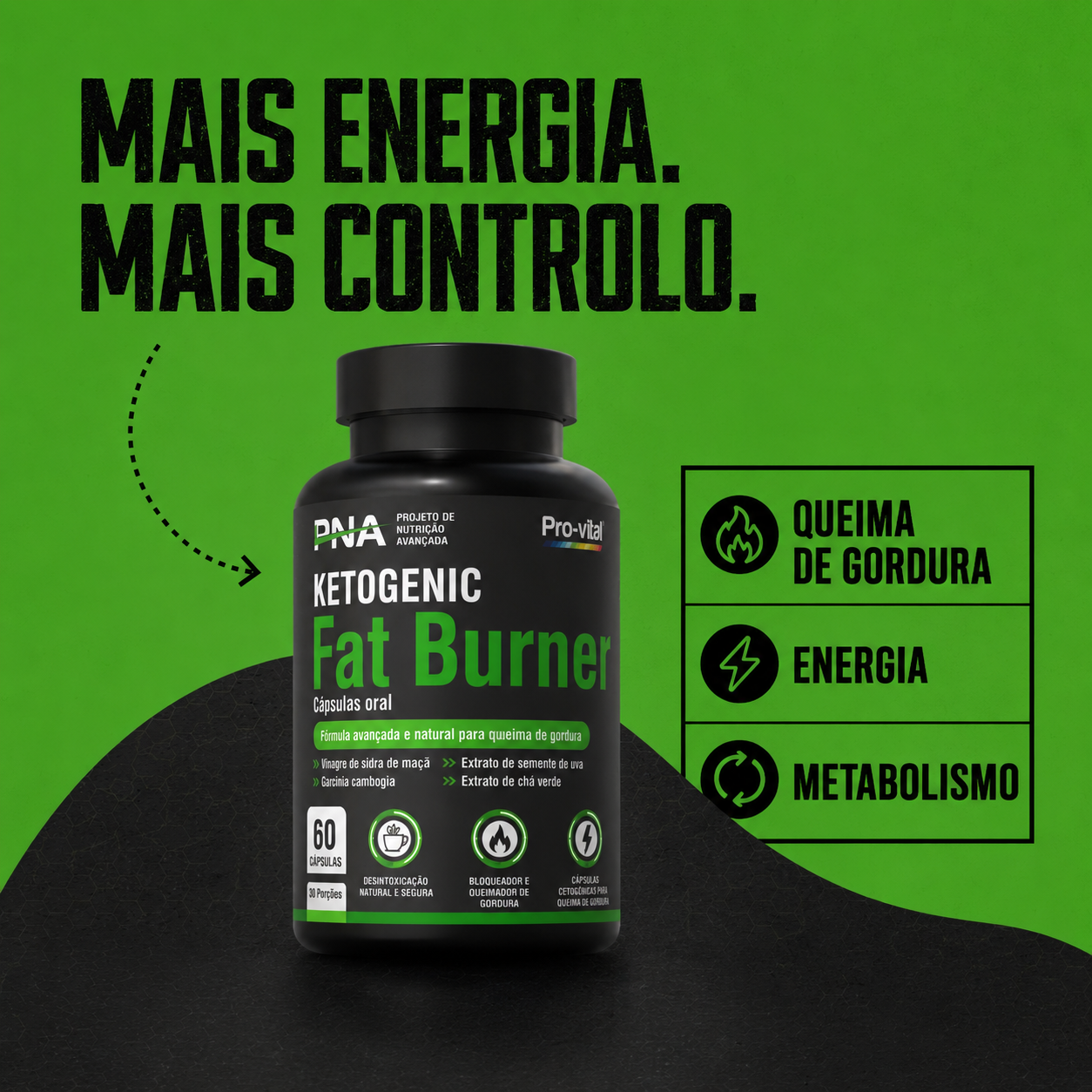 Imagem publicitária do Pro-Vital Ketogenic Fat Burner com destaque para queima de gordura, energia e metabolismo