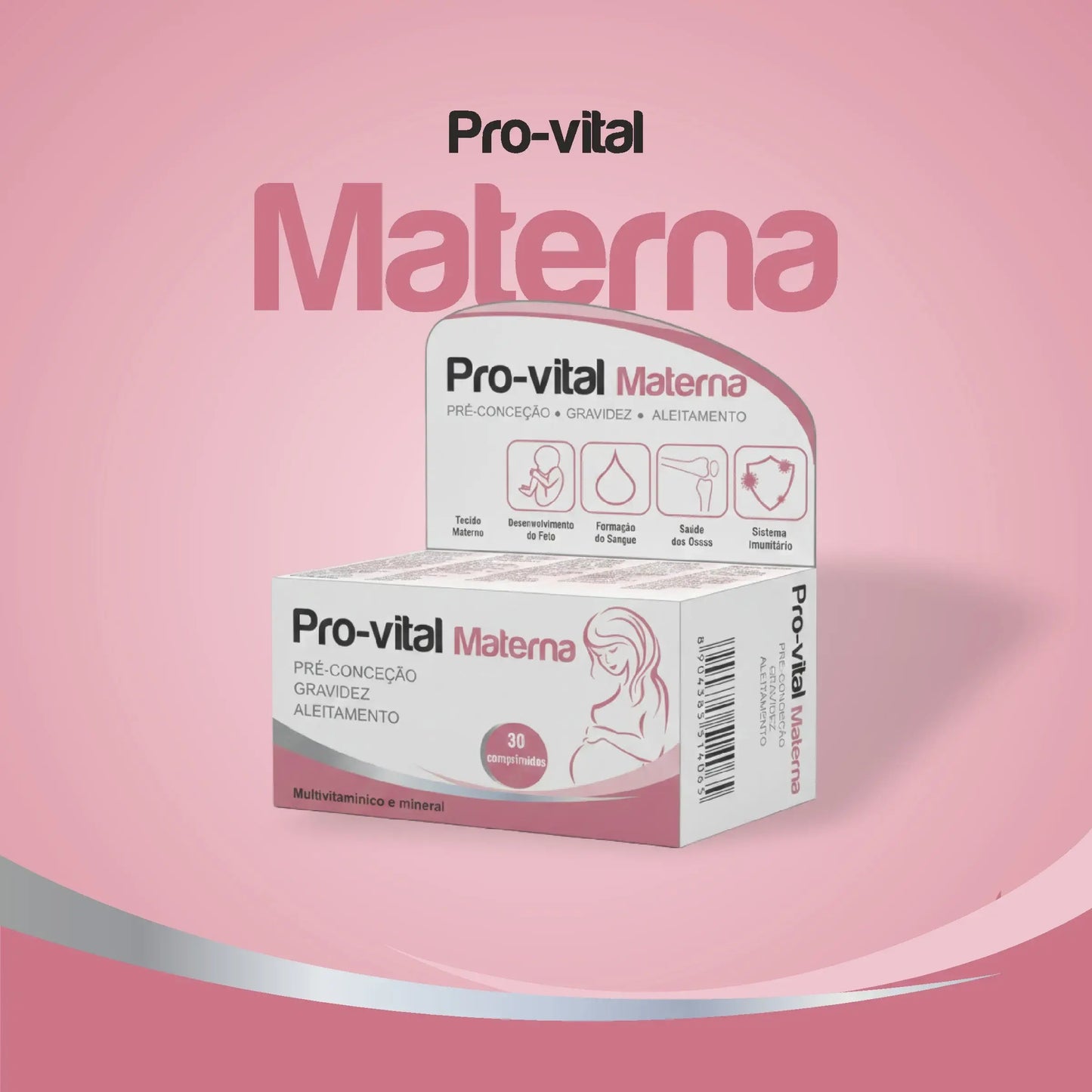 Embalagem do suplemento Pro-vital Materna para pré-conceção, gravidez e aleitamento, caixa de 30 comprimidos multivitamínicos.