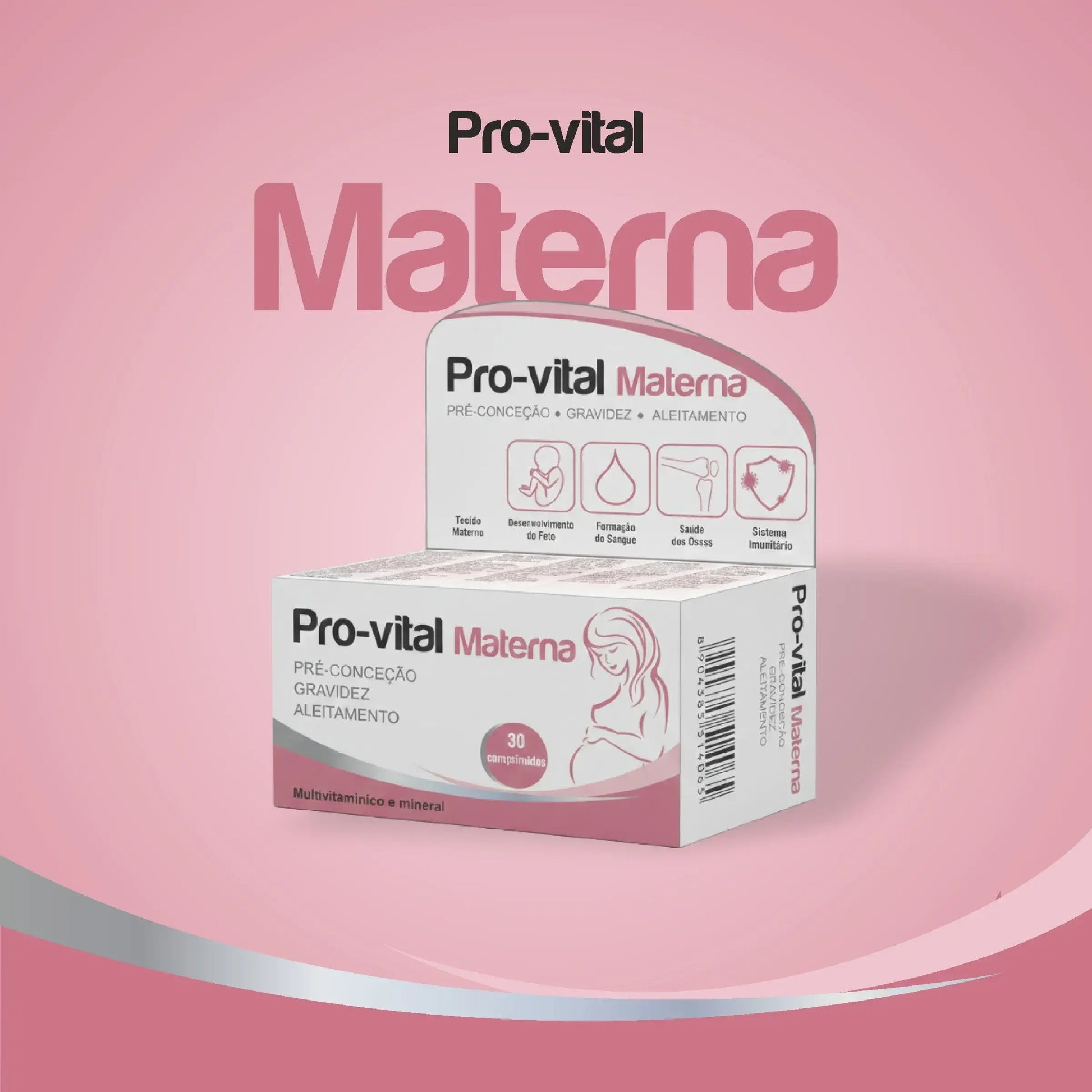 Embalagem do suplemento Pro-vital Materna para pré-conceção, gravidez e aleitamento, caixa de 30 comprimidos multivitamínicos.