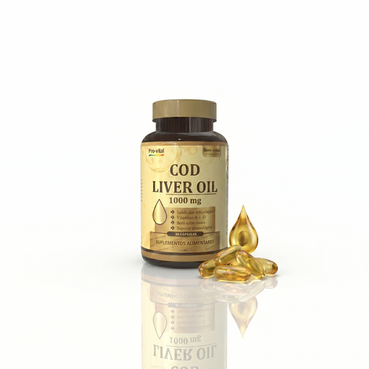Cápsulas de Óleo de Fígado de Bacalhau Pro-vital 1000mg ricas em Vitamina A e D para suporte ósseo e imunitário.