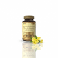 Pote de Óleo de Onagra Pro-vital 1000mg prensado a frio com flores amarelas, suplemento para equilíbrio hormonal e alívio do desconforto pré-menstrual.