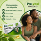 Tabela de composição por cápsula do Pro-vital Ômega-3 detalhando 500 mg de óleo de peixe, 90 mg de EPA, 60 mg de DHA e 10 mg de Vitamina E.
