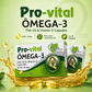 Suplemento Pro-vital Ômega-3 com duas caixas do produto em destaque sobre fundo verde claro com gotas e cápsulas de óleo de peixe flutuantes.