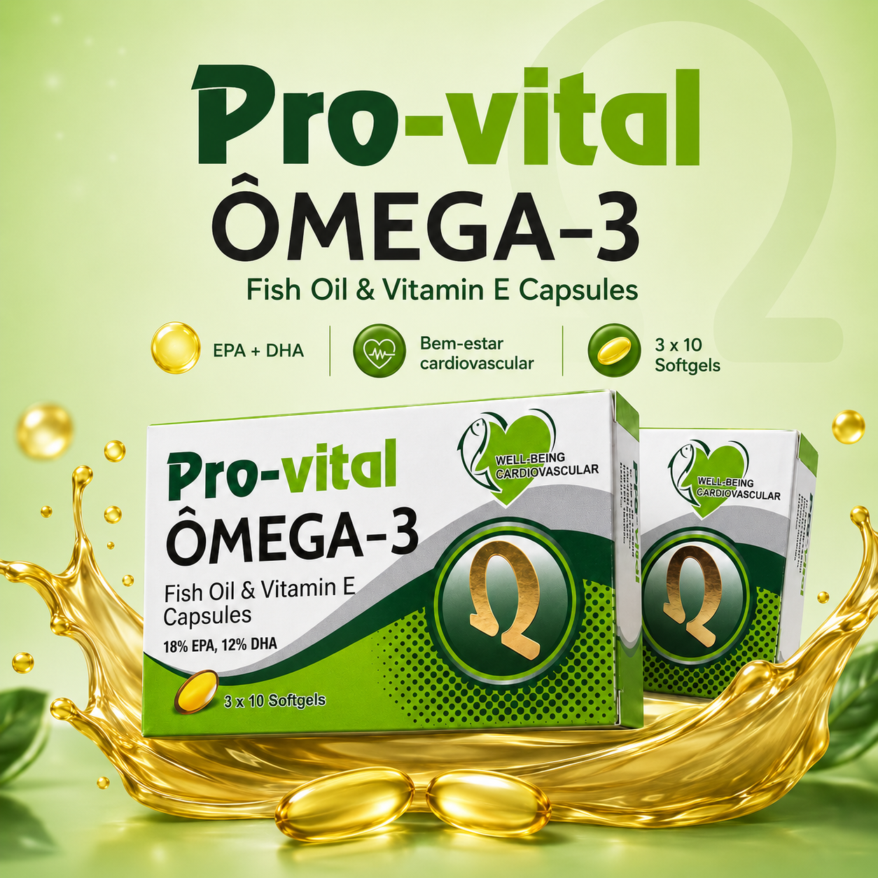 Suplemento Pro-vital Ômega-3 com duas caixas do produto em destaque sobre fundo verde claro com gotas e cápsulas de óleo de peixe flutuantes.