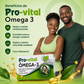 Casal sorridente ao lado da caixa de Pro-vital Ômega 3 com lista de benefícios: apoio à saúde cardiovascular, função cerebral, visão saudável e vitamina E.