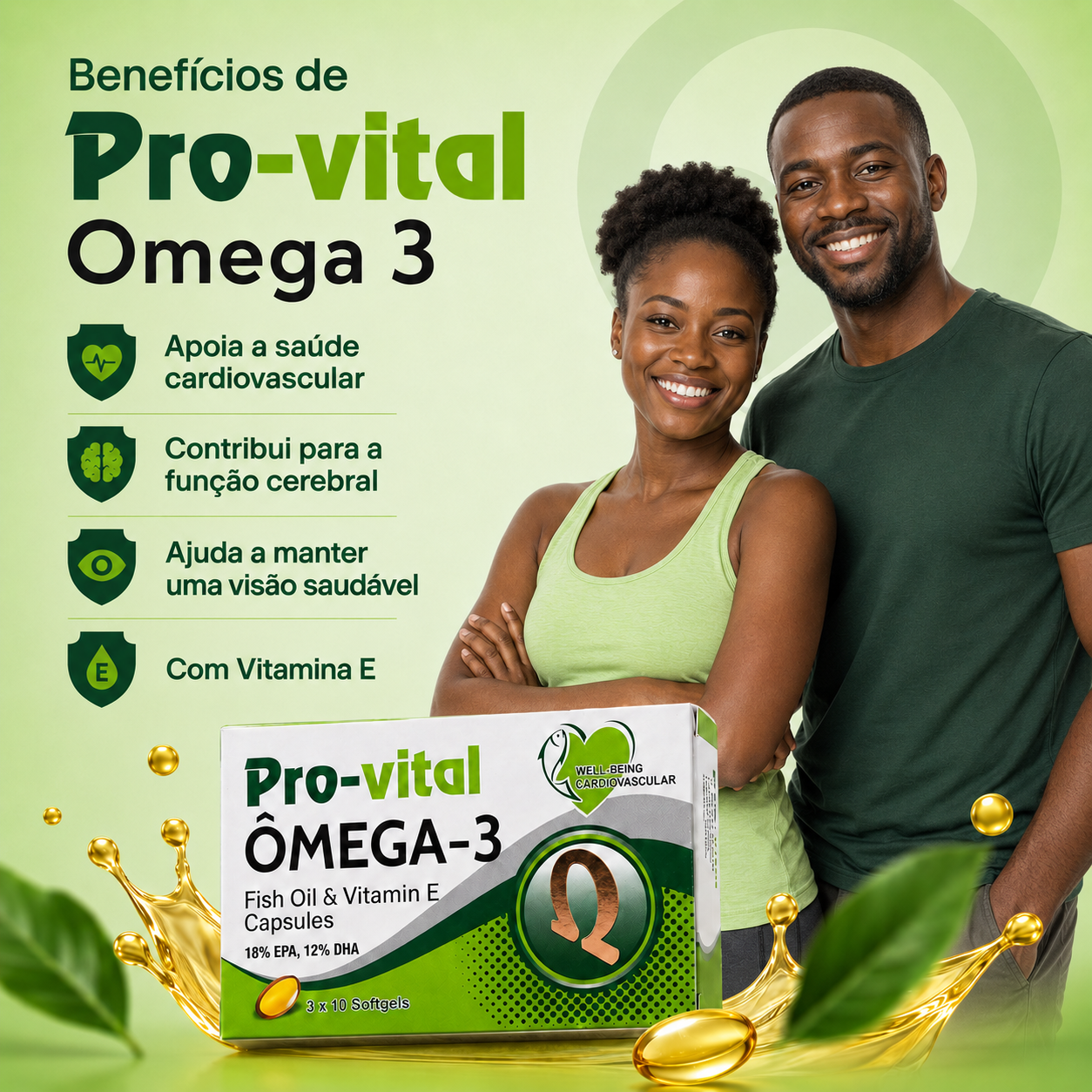 Casal sorridente ao lado da caixa de Pro-vital Ômega 3 com lista de benefícios: apoio à saúde cardiovascular, função cerebral, visão saudável e vitamina E.