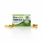 Embalagem do suplemento Pro-vital Ômega-3 e Vitamina E centralizada em fundo branco, cercada por cápsulas gelatinosas douradas, amêndoas e folhas verdes com reflexo na base.