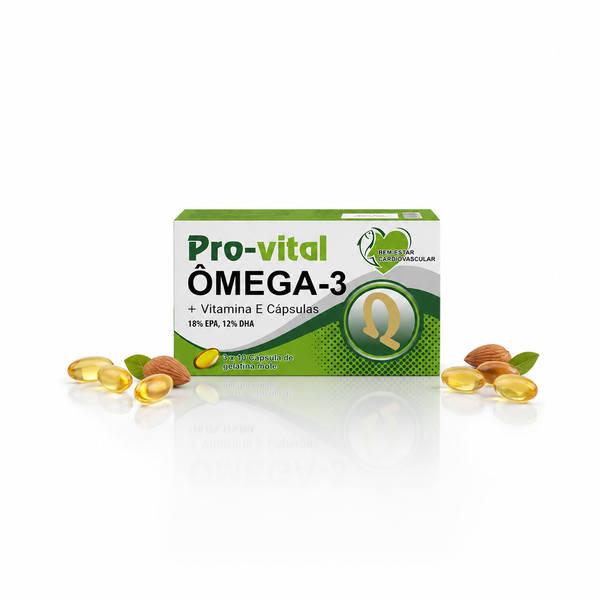 Embalagem do suplemento Pro-vital Ômega-3 e Vitamina E centralizada em fundo branco, cercada por cápsulas gelatinosas douradas, amêndoas e folhas verdes com reflexo na base.