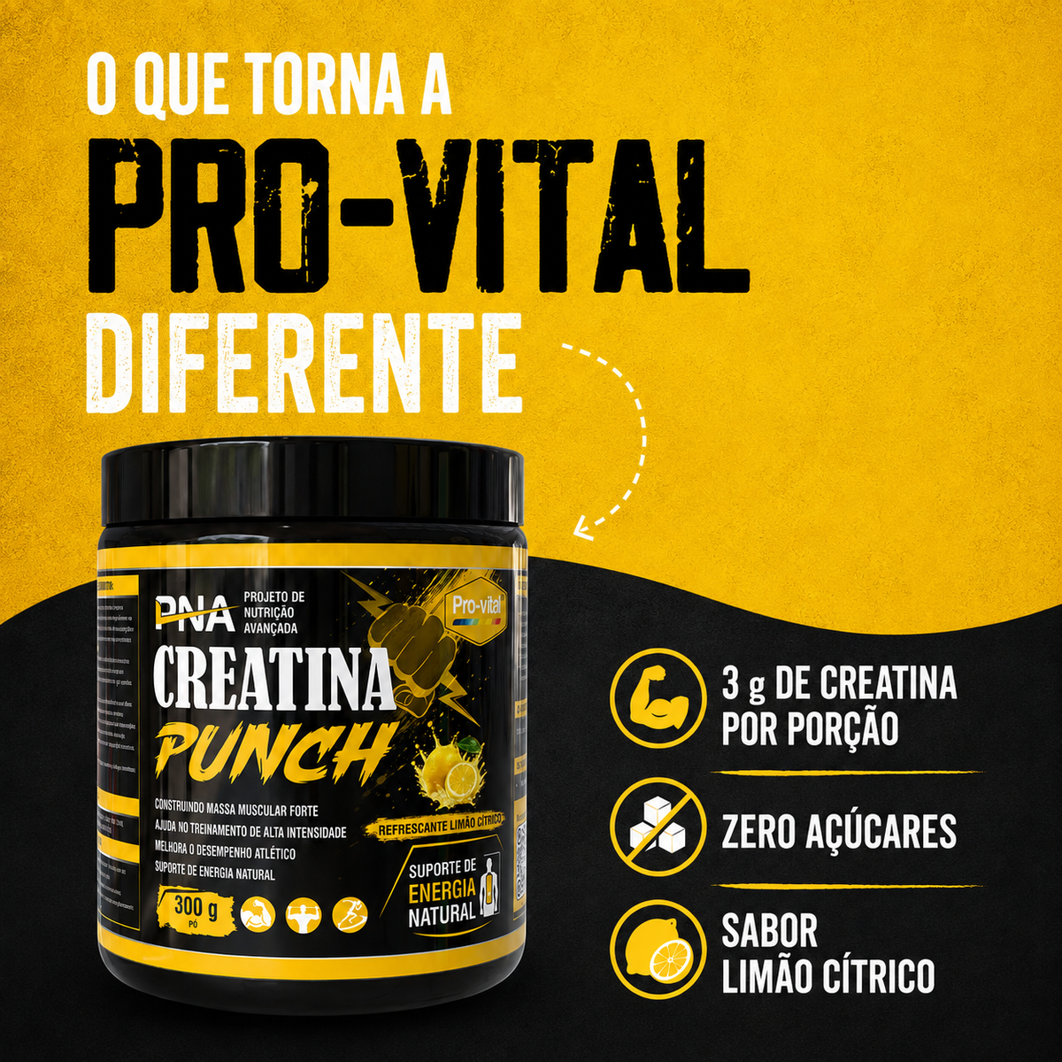 Pro-Vital Creatine Punch Citrus Lemon with 3 g creatine per serving, zero sugar and citrus lemon flavor