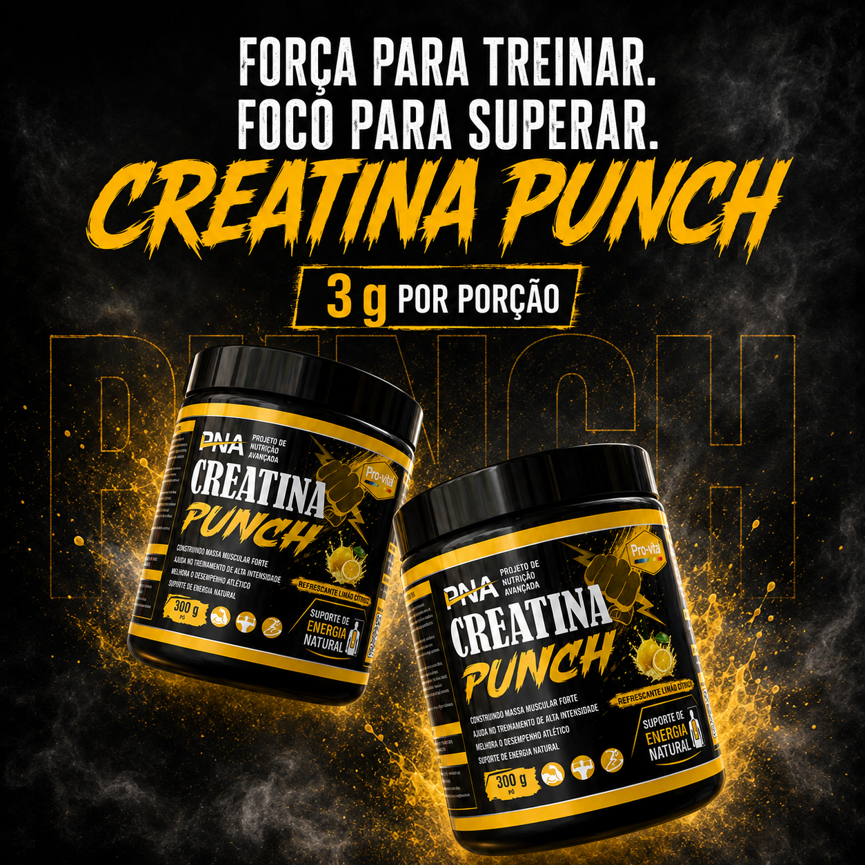 Two Pro-Vital Creatine Punch Citrus Lemon jars highlighting 3 g per serving