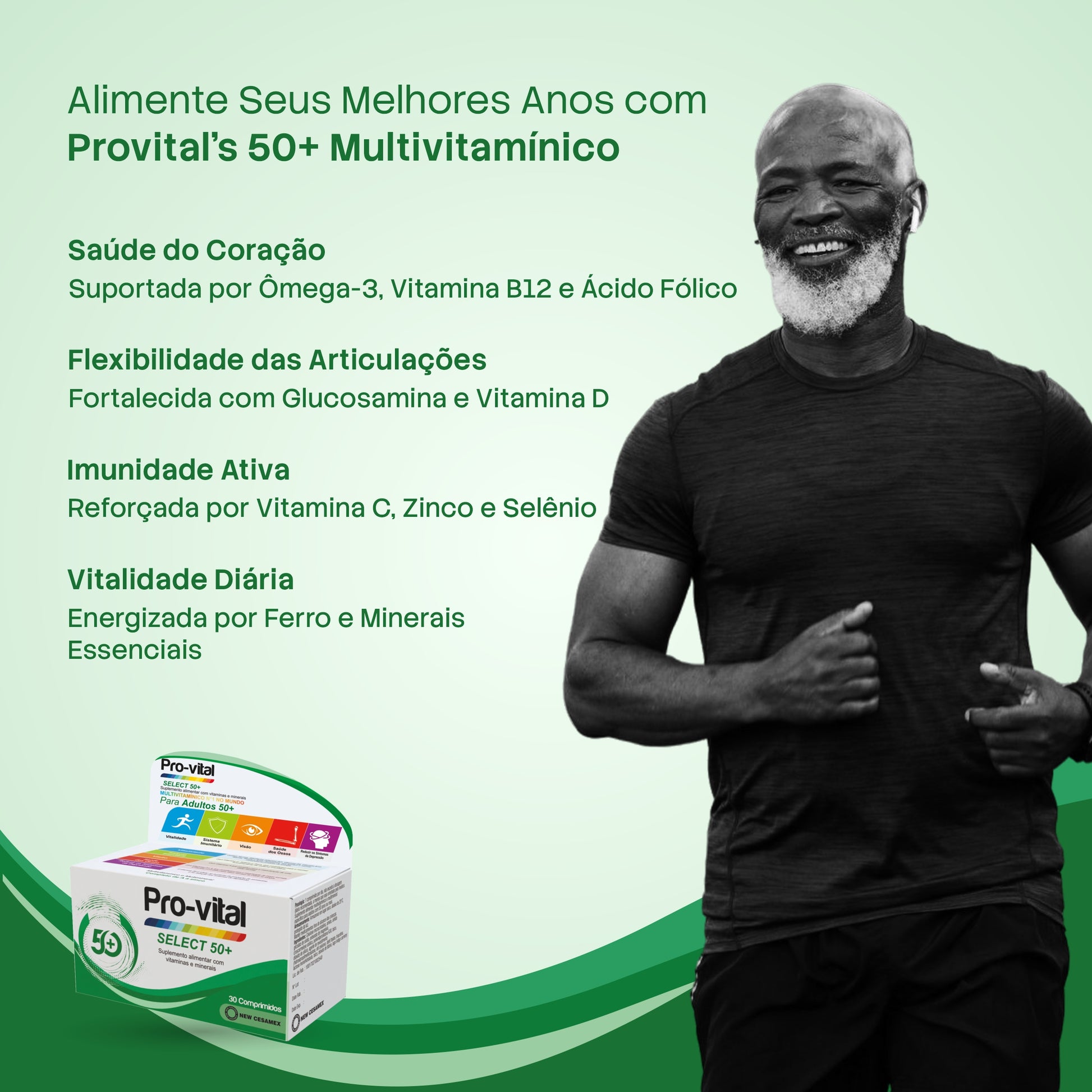 Homem sénior a correr ilustrando a vitalidade proporcionada pelo Pro-Vital Select 50+ Comp Cx/30, com destaque para a saúde do coração, flexibilidade das articulações e imunidade ativa.