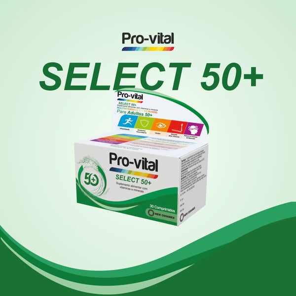 Embalagem frontal do suplemento alimentar Pro-vital SELECT 50+, 30 comprimidos com vitaminas e minerais para adultos.