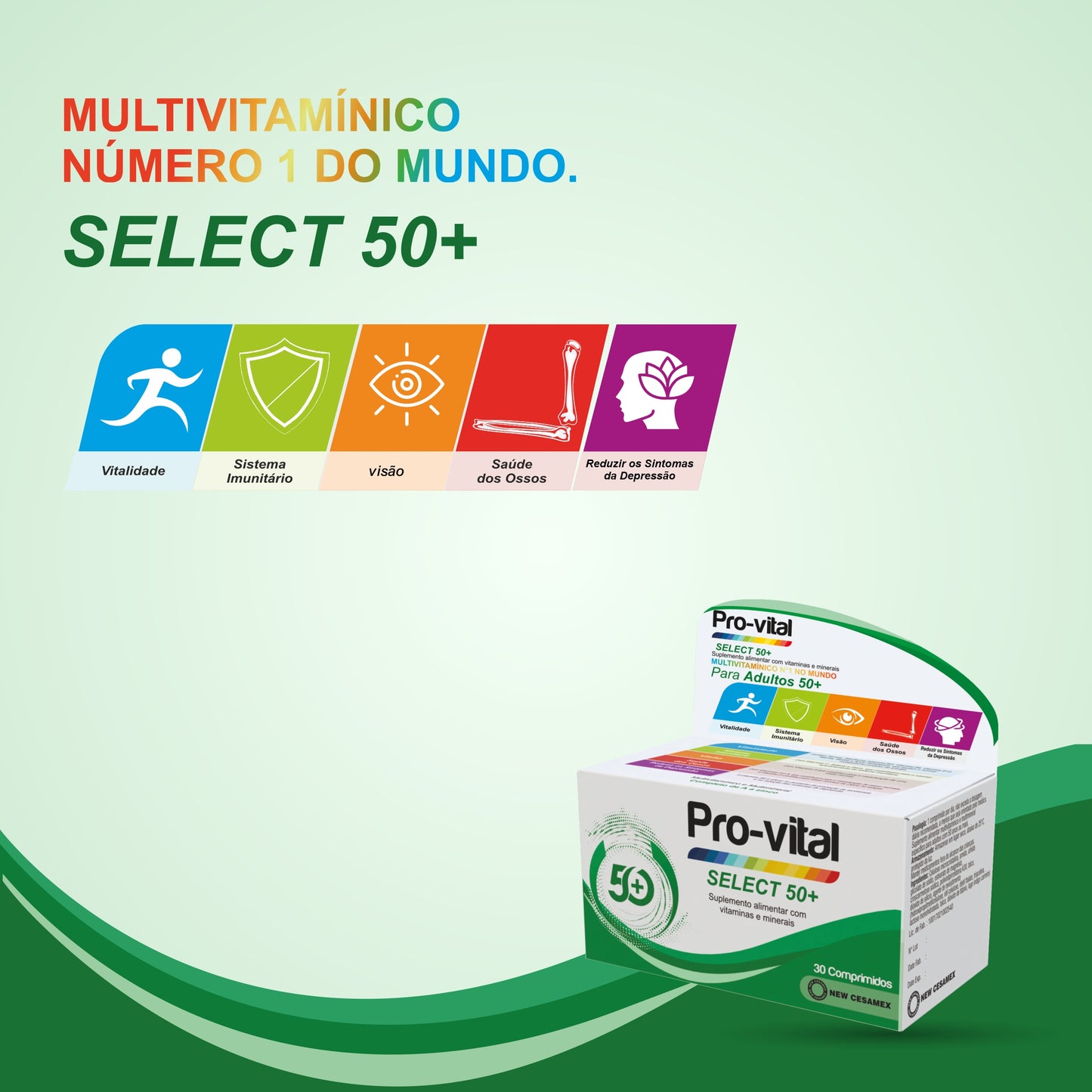 Infográfico do Pro-Vital Select 50+ Comp Cx/30 destacando ser o multivitamínico número 1 do mundo com benefícios para a visão e ossos.