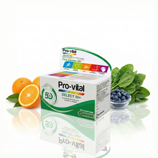 Fotografia da embalagem do Pro-Vital Select 50+ Comp Cx/30, com um reflexo nítido contra um fundo branco isolado.