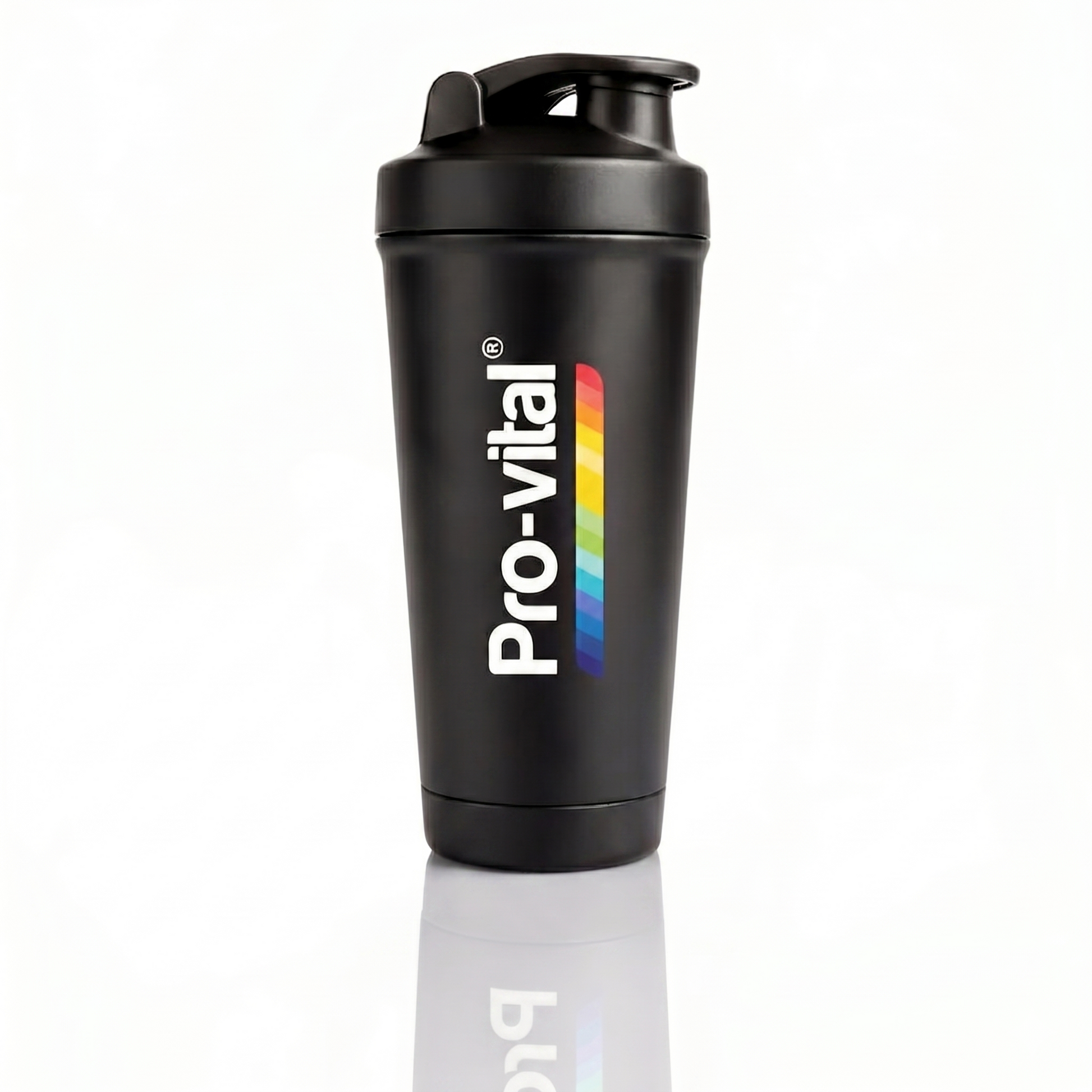 Shaker preto premium Pro-vital com logótipo colorido, copo misturador resistente para batidos de proteína e suplementos fitness.