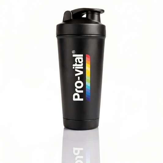 Shaker preto premium Pro-vital com logótipo colorido, copo misturador resistente para batidos de proteína e suplementos fitness.