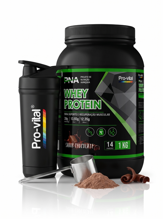 Suplemento Whey Protein Pro-vital 1kg sabor chocolate para suporte muscular, inclui shaker preto e colher doseadora.