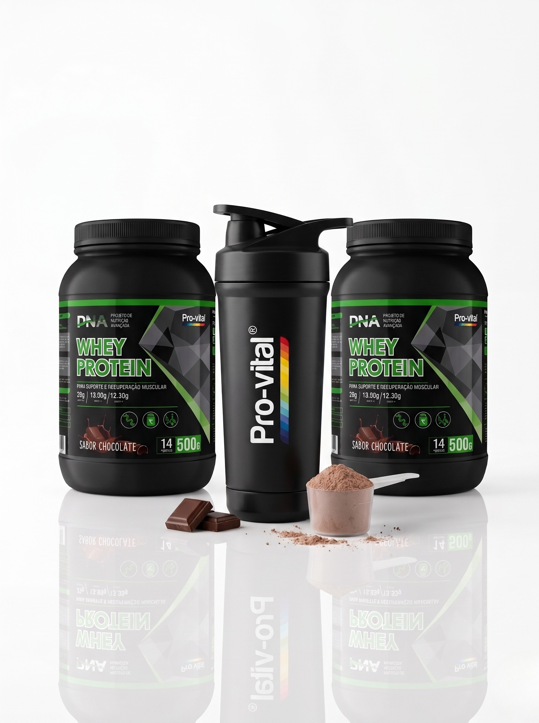 Pack de duas embalagens de Whey Protein Pro-vital de 500g sabor chocolate, acompanhadas por um shaker preto e scoop com pó proteico em destaque.
