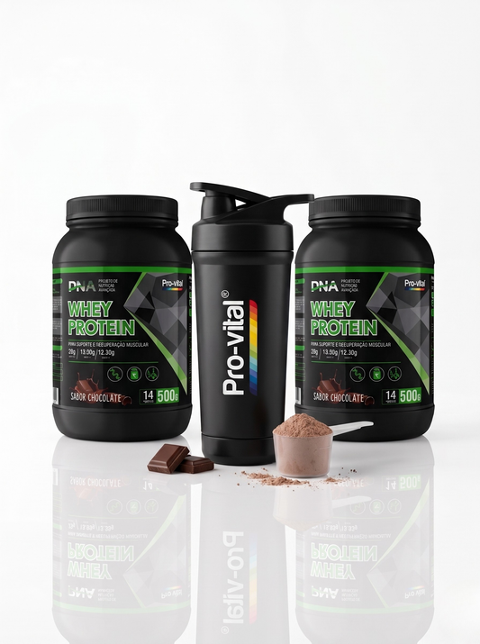 Pack de duas embalagens de Whey Protein Pro-vital de 500g sabor chocolate, acompanhadas por um shaker preto e scoop com pó proteico em destaque.