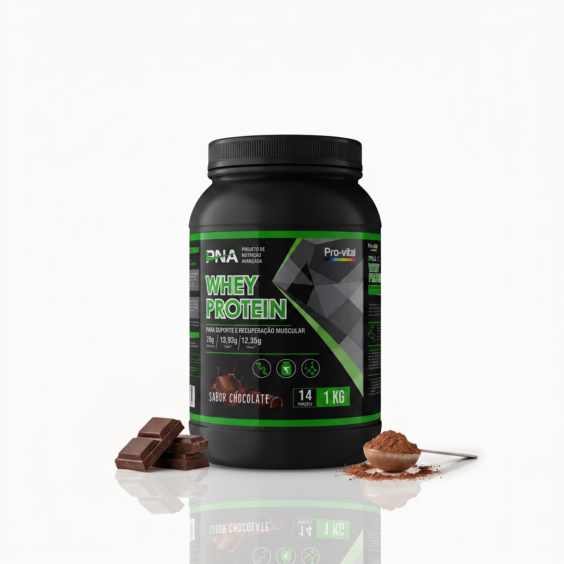 Proteína Whey Pro-Vital de 1kg com sabor a chocolate, apresentada num fundo branco com reflexo, acompanhada por pedaços de chocolate e uma colher de proteína em pó para recuperação muscular.