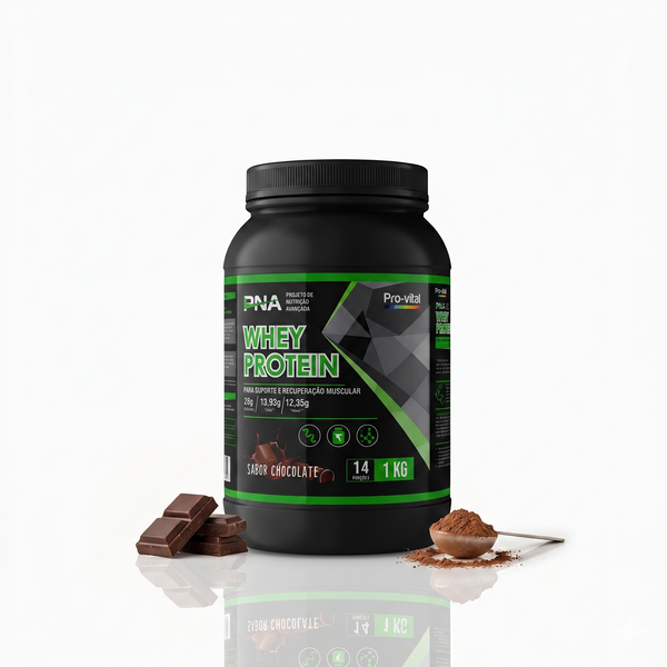 Proteína Whey Pro-Vital de 1kg com sabor a chocolate, apresentada num fundo branco com reflexo, acompanhada por pedaços de chocolate e uma colher de proteína em pó para recuperação muscular.