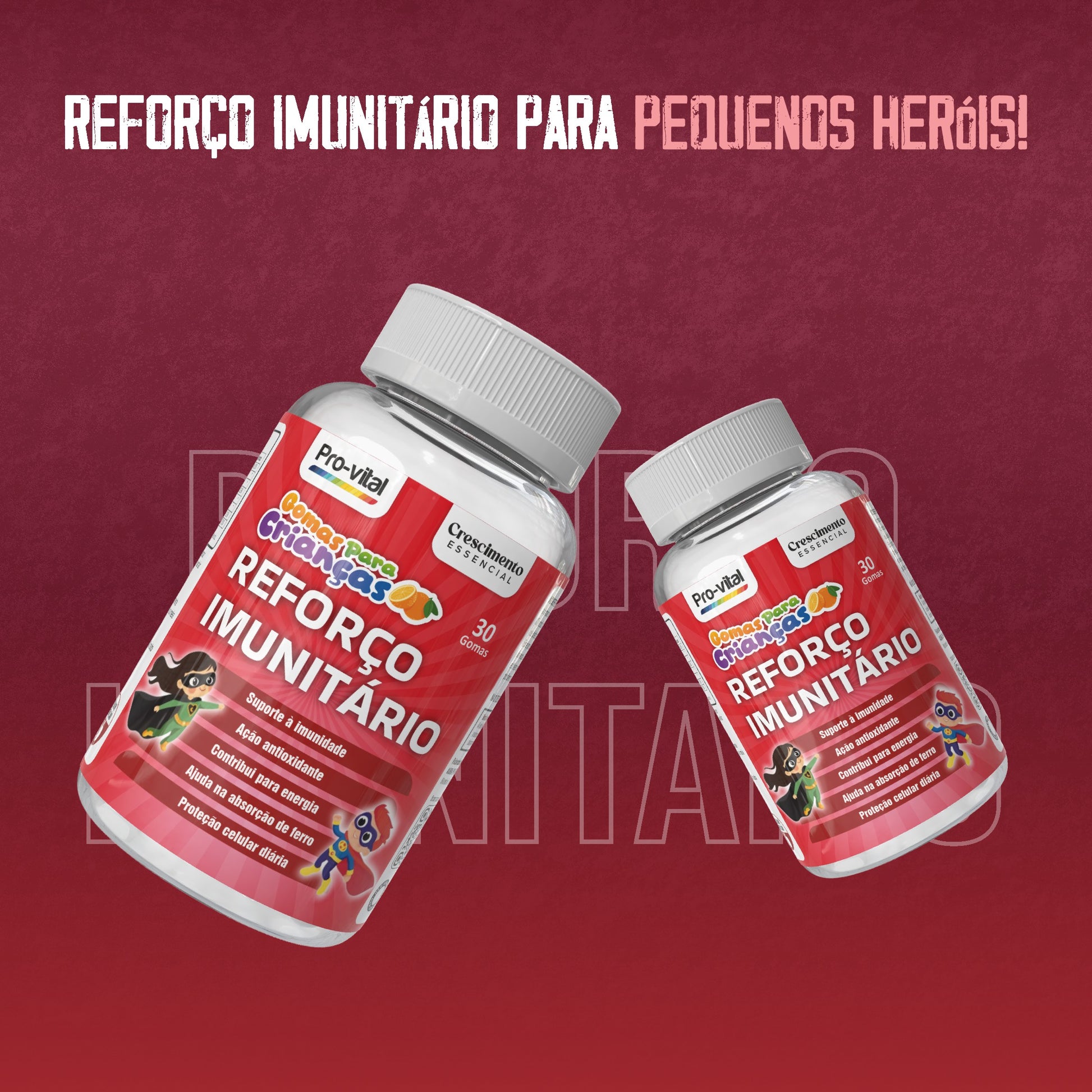 Suplemento Reforço Imunitário Pro-Vital para pequenos heróis, focado em manter as crianças protegidas e saudáveis todos os dias.