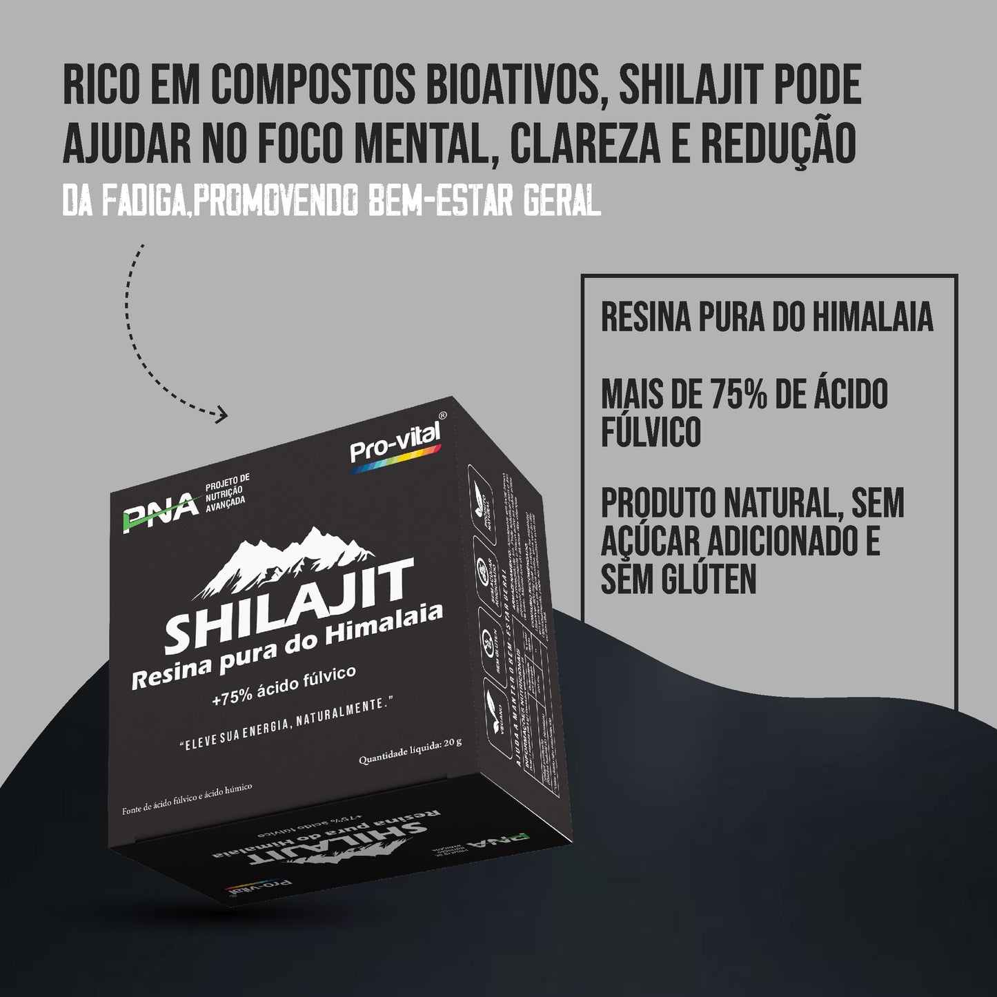 Resina de Shilajit rica em compostos bioativos para melhorar o foco mental, clareza e redução da fadiga diária.