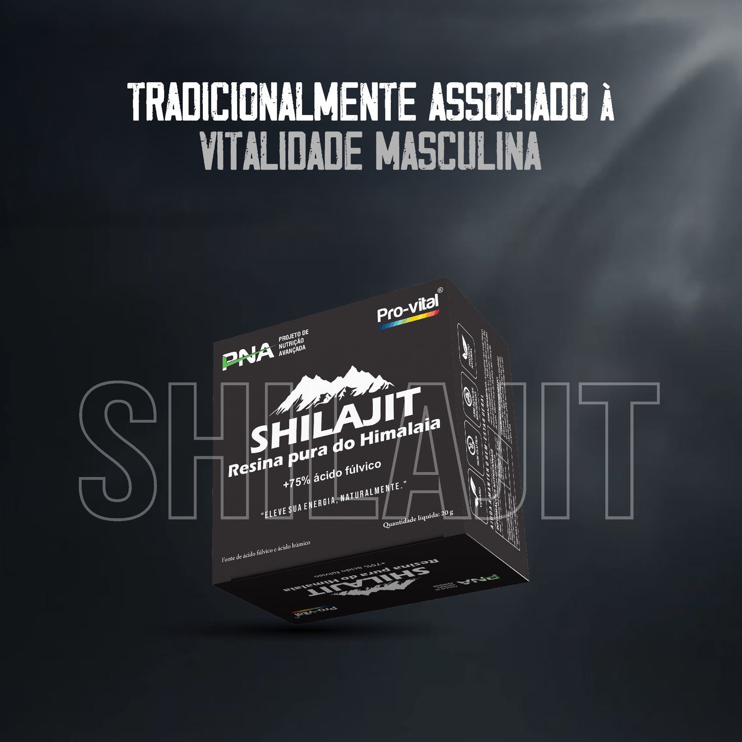 Suplemento de Shilajit Pro-Vital tradicionalmente associado à vitalidade masculina e ao aumento de vigor físico natural.