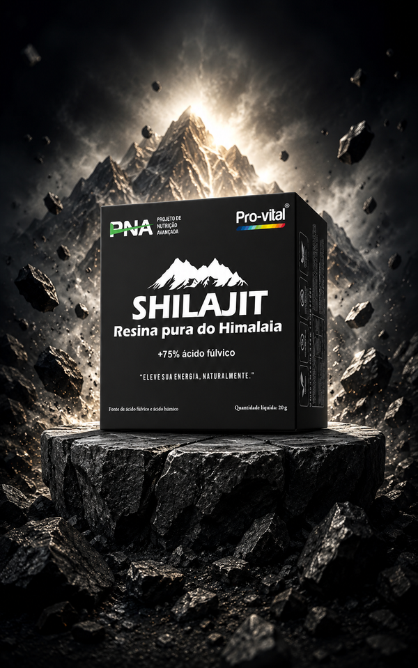 Embalagem de Shilajit Resina Pura do Himalaia com 75% de ácido fúlvico sobre uma rocha com montanhas ao fundo.