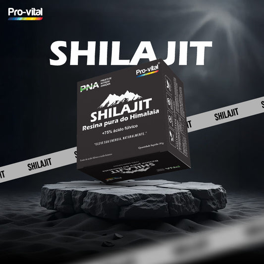 Resina de Shilajit pura do Himalaia Pro-Vital com mais de 75% de ácido fúlvico, suplemento natural para energia e vitalidade em embalagem de 20g.