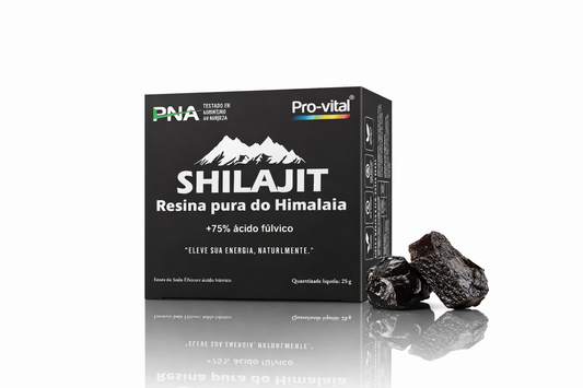 Apresentação premium da resina de Shilajit Pro-Vital com rochas minerais do Himalaia, focada na saúde masculina e bem-estar geral.