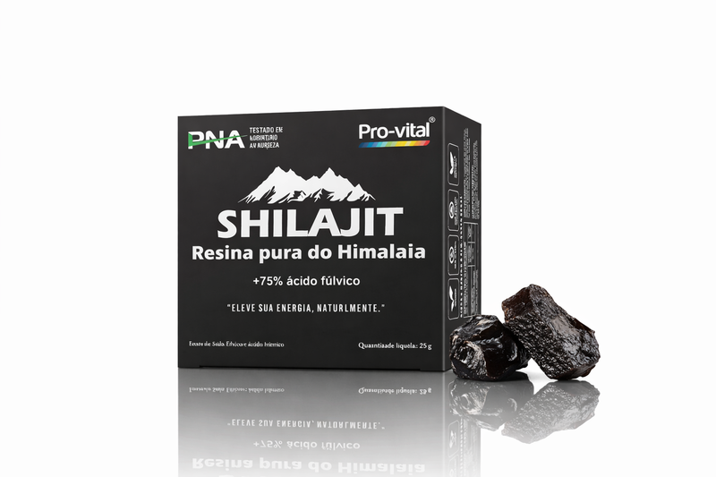 Apresentação premium da resina de Shilajit Pro-Vital com rochas minerais do Himalaia, focada na saúde masculina e bem-estar geral.