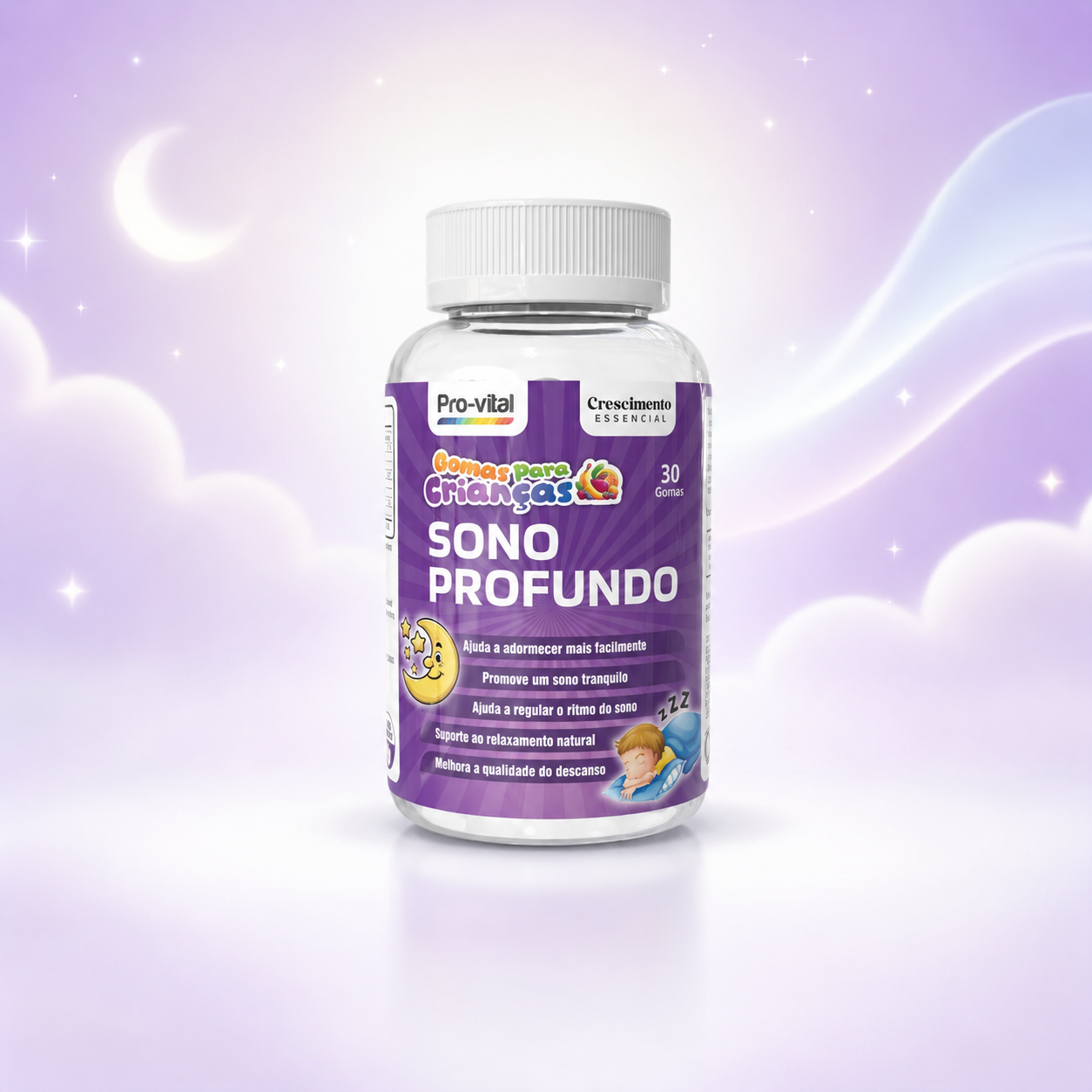 Gomas Sono Profundo Pro-Vital para crianças, suplemento de melatonina 1mg com 30 gomas para um descanso tranquilo.