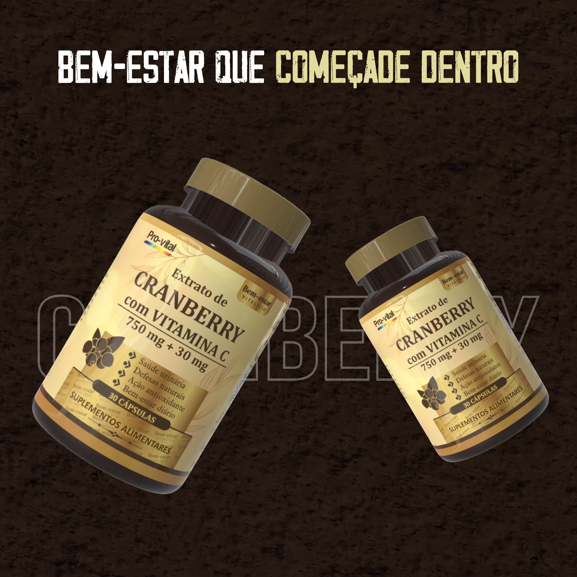 Dois frascos de suplemento alimentar de Extrato de Cranberry com Vitamina C Pro-vital com o texto bem-estar que começa de dentro.