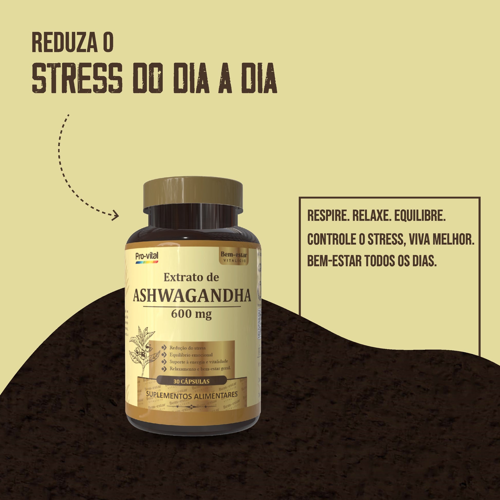 Suplemento de Ashwagandha 600mg para controlo do stress diário, promovendo um estilo de vida mais calmo e equilibrado.