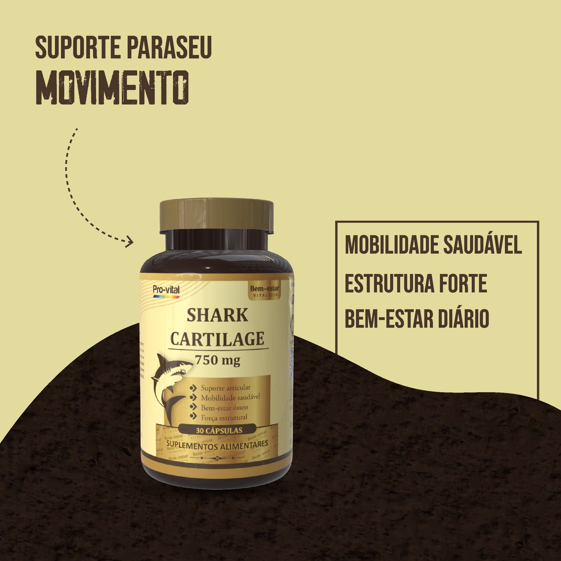 Embalagem de Cartilagem de Tubarão Pro-vital sobre uma mesa de madeira escura, destacando o suporte articular, bem-estar ósseo e força estrutural.