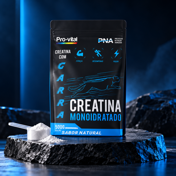 Suplemento de Creatina Monoidratado Pro-vital 500g em destaque sobre rocha escura com scoop de pó ao lado.