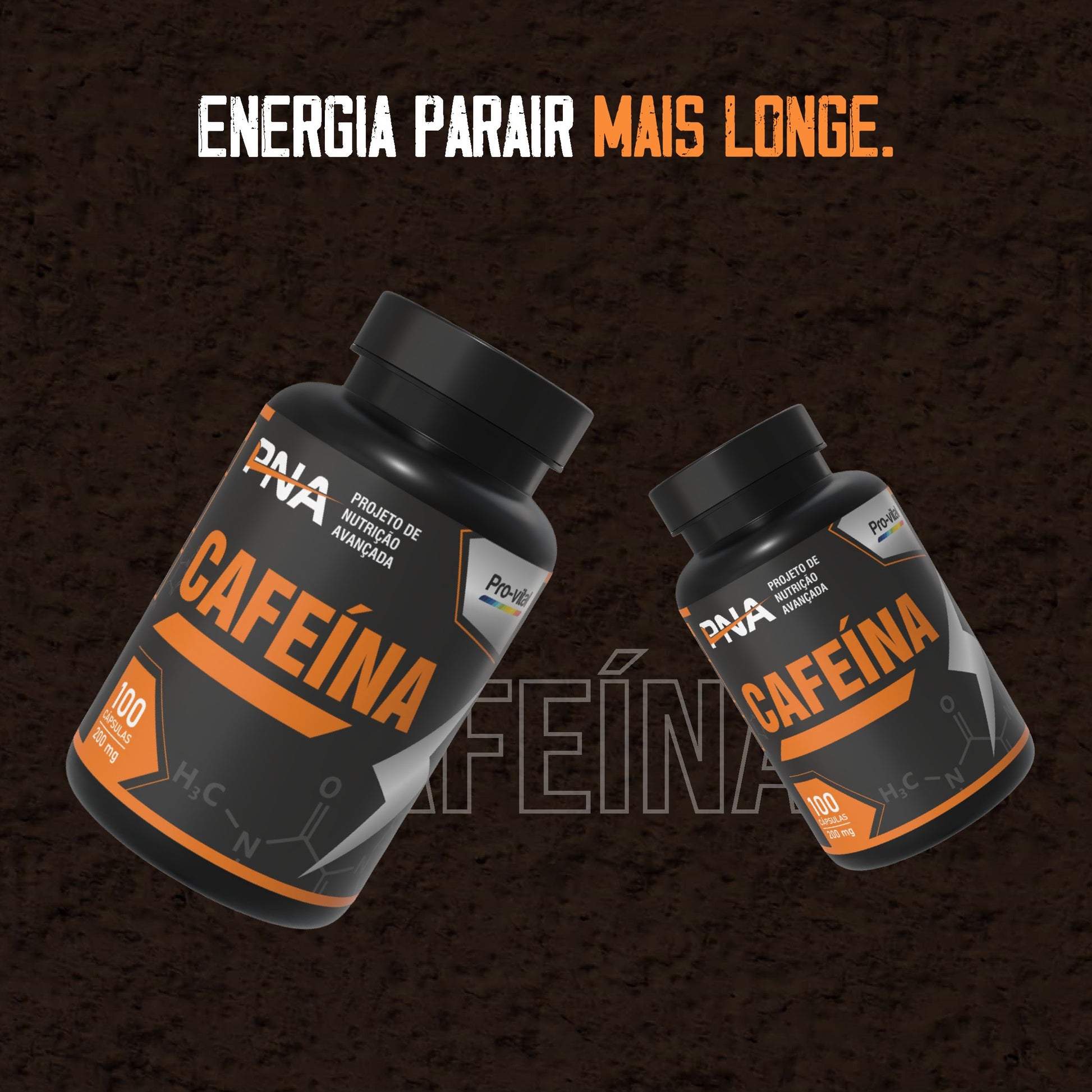 Dois frascos do suplemento de Cafeína PNA dispostos de forma inclinada sobre um fundo escuro com a frase energia para ir mais longe.