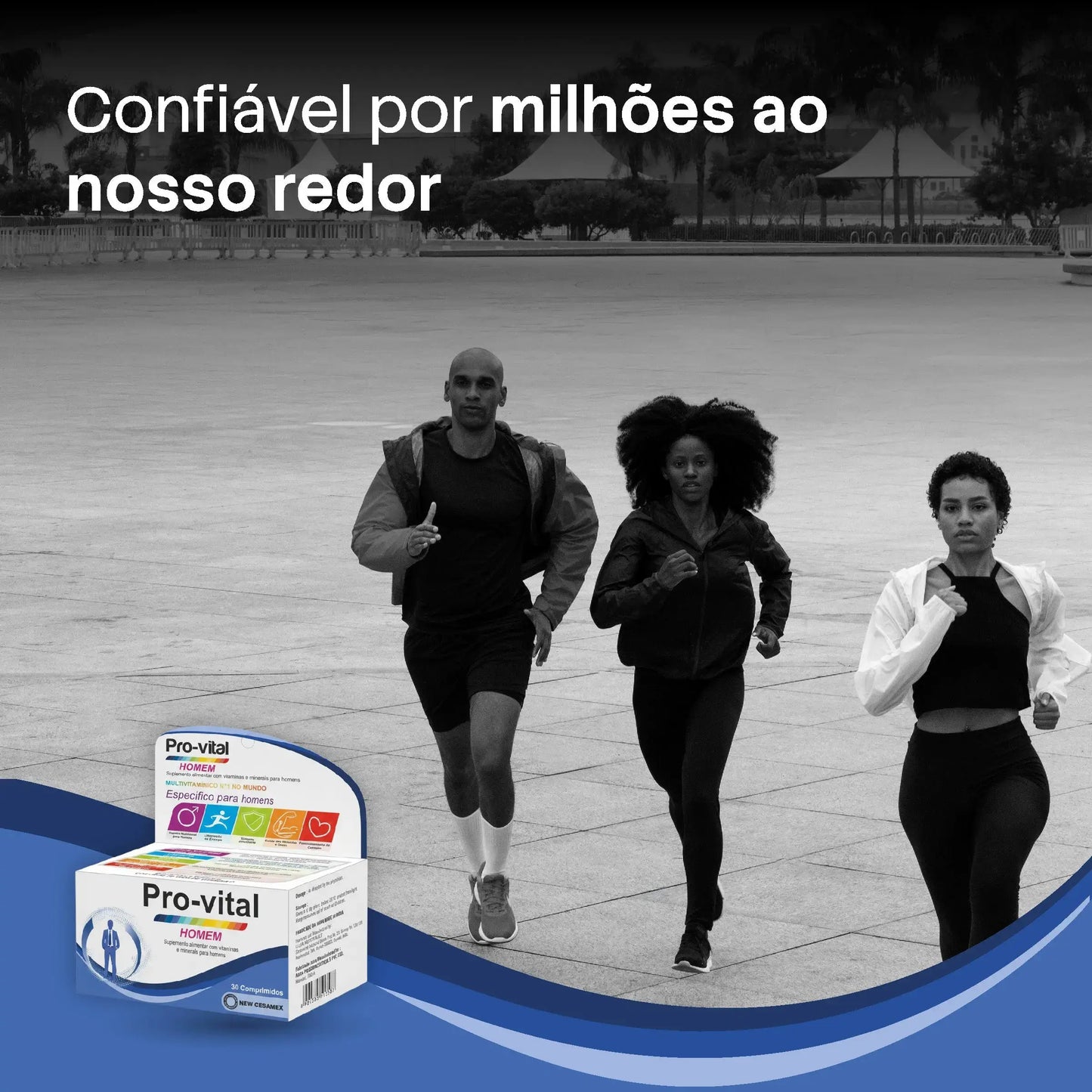 Pessoas a correr ao ar livre com o multivitamínico Pro-vital Homem, suplemento para energia e resistência física em Angola.