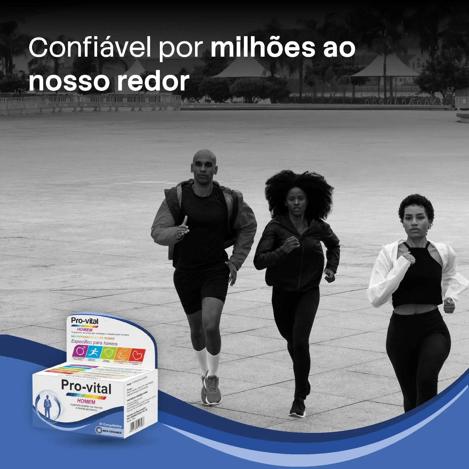 Pessoas a correr ao ar livre com o multivitamínico Pro-vital Homem, suplemento para energia e resistência física em Angola.